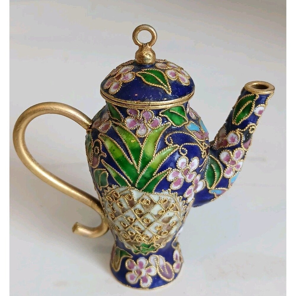 Vtg Blue Floral Painted Enamel Mini Tea Pot W Pineapple Cloisonne Ornament